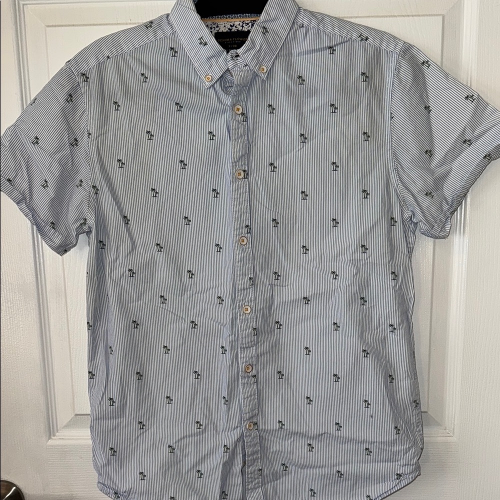 Men's Blue Striped Shirt w Palm tree motif